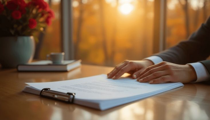 Hand auf Bestattungsdokument in Aktenordner auf Holztisch mit Blumen und Sonnenlicht im Hintergrund