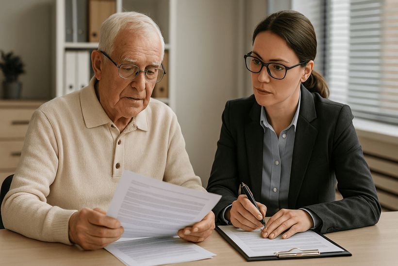 Rechtlicher Betreuer im Beratungsgespräch mit älterer Person, unterstützende Atmosphäre in Büroumgebung