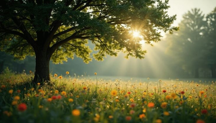Sonnenstrahlen durch einen Baum auf einer blühenden Wiese mit bunten Blumen in idyllischer Natur.
