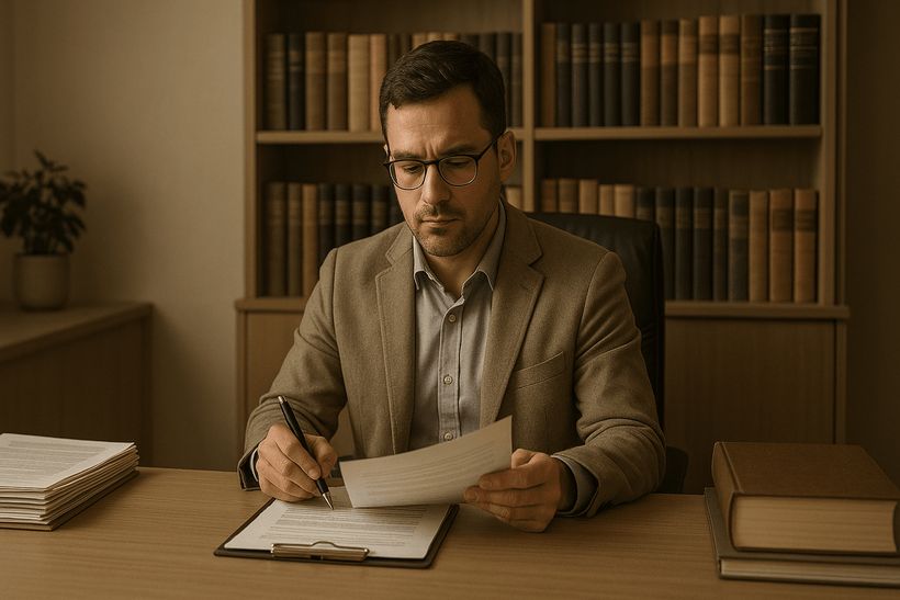 Notar am Schreibtisch prüft Dokumente in modernem Büro mit warmem Licht und Bücherregal im Hintergrund.