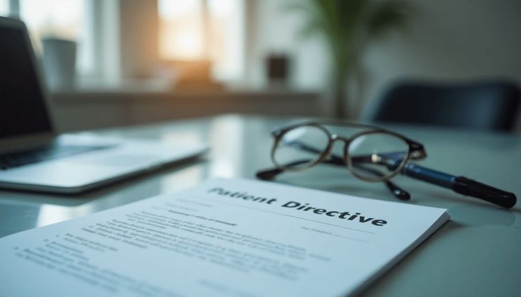 Dokument mit der Überschrift "Patientenverfügung" auf einem Schreibtisch, daneben Brille und Stift.