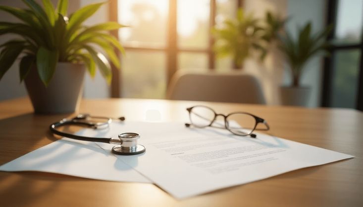 Dokumente, Brille und Stethoskop auf einem Schreibtisch, umgeben von Pflanzen, bei warmem Tageslicht.