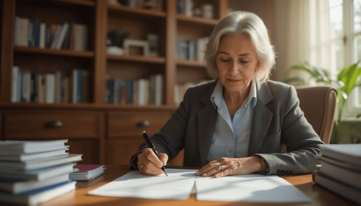 Ältere Frau in einem Büro schreibt Dokumente, umgeben von Büchern und Papierstapeln bei Tageslicht.