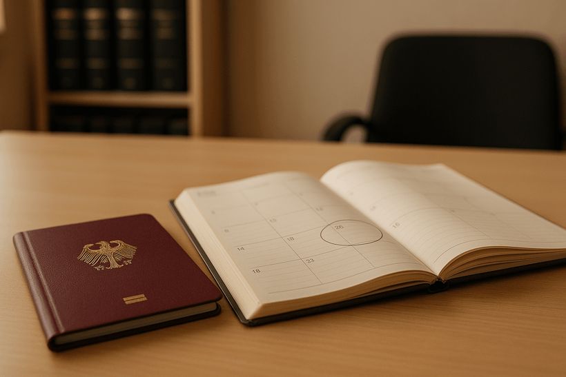 Deutscher Pass und Kalender mit markiertem 18. Geburtstag auf Schreibtisch, im Hintergrund unscharfe Gesetzesbücher.