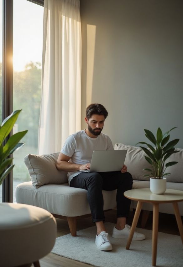 Mann in weißem T-Shirt arbeitet auf einem Laptop, auf einer grauen Couch sitzend, umgeben von Zimmerpflanzen und natürlichem Sonnenlicht