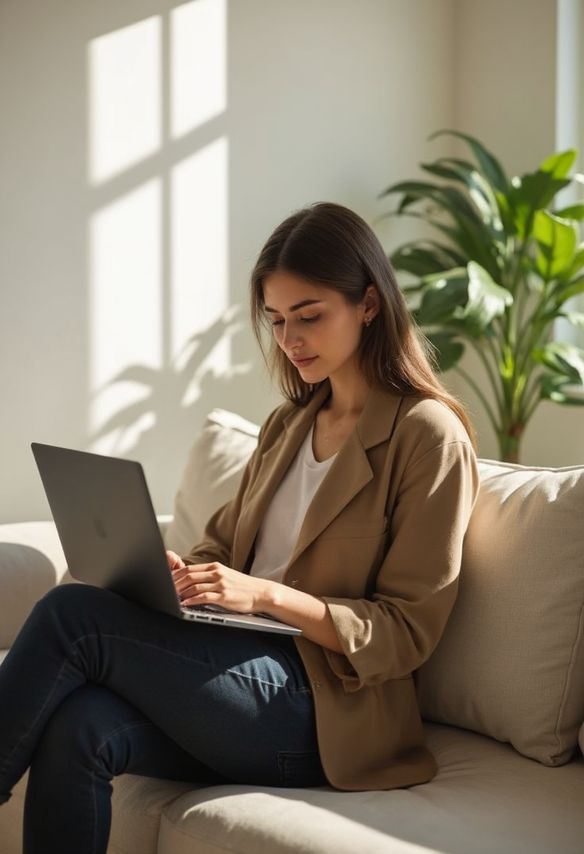 Frau im beigen Blazer arbeitet auf einem Laptop, auf heller Couch sitzend neben einer großen Zimmerpflanze