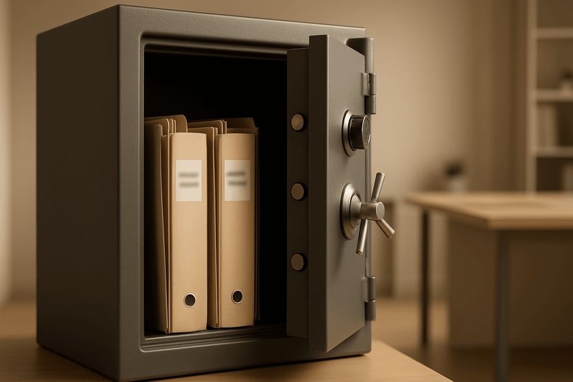 Offener Tresor mit Aktenordnern in modernem Büro, symbolisiert Sicherheit und vertrauensvolle Dokumentenaufbewahrung.